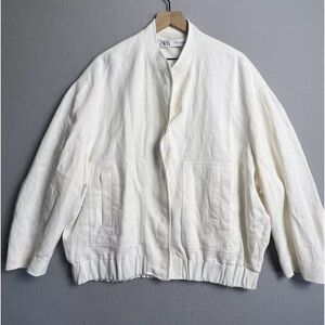 (LIKE NEW) Zara Linen Blend Bomber Jacket Ecru
